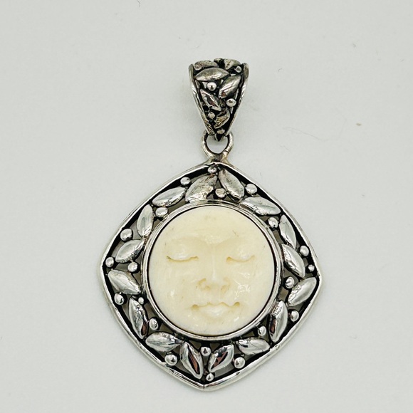 Water Buffalo Bone Moon Carved Face Pendant, 925 Sterling Silver - Picture 2 of 4